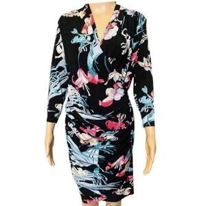 Jennifer Lopez Black Floral Faux-Wrap Fitted Dress, Size Large